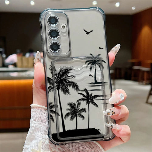 For Samsung Galaxy S25 Case Coconut Tree Pattern Corner Protection TPU Clear Phone Cover with Card Slot - Grey / A076 Seagulls and Coconut Trees - 1