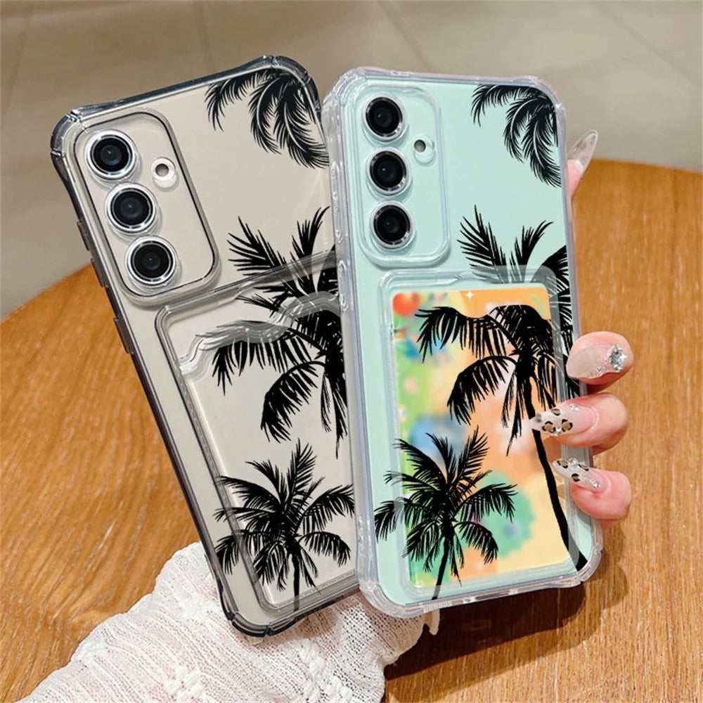 For Samsung Galaxy S25 Case Coconut Tree Pattern Corner Protection TPU Clear Phone Cover with Card Slot - Grey / A076 Seagulls and Coconut Trees - 2
