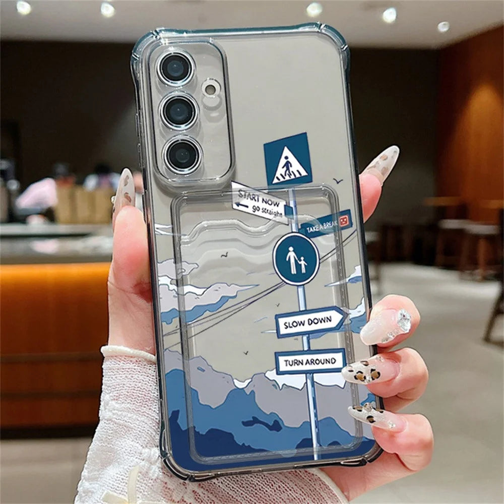 For Samsung Galaxy S25 Case Road Sign Design Corner Protection Clear TPU Back Cover with Card Slot - Light Grey / A852 - 1