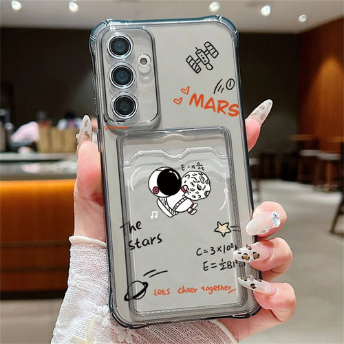 For Samsung Galaxy S25 Case Astronaut Space Cartoon Pattern 4-Corner Shockproof TPU Phone Cover with Card Slot - Light Grey - 1