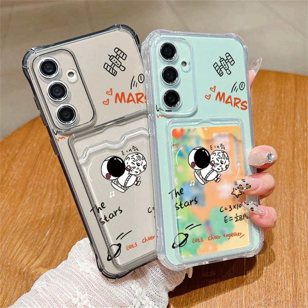 For Samsung Galaxy S25 Case Astronaut Space Cartoon Pattern 4-Corner Shockproof TPU Phone Cover with Card Slot - Light Grey - 2