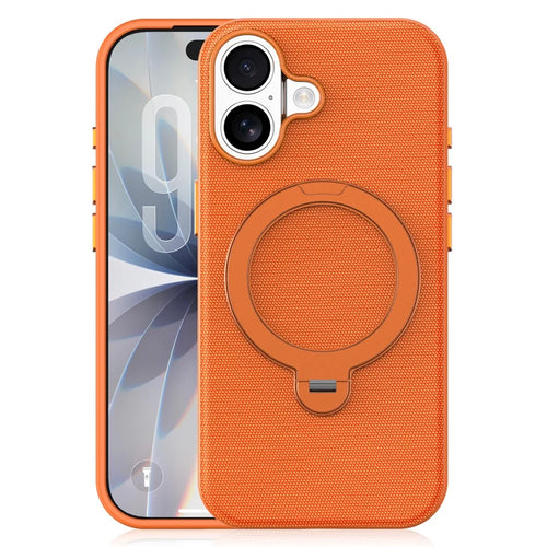 For iPhone 17 Case Magnetic Rotating Kickstand Tech Fabric TPU Protective Cover - Orange - 1