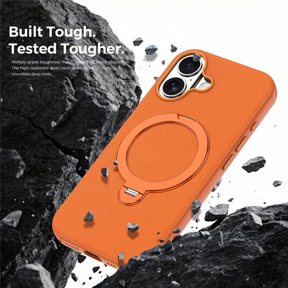 For iPhone 17 Case Magnetic Rotating Kickstand Tech Fabric TPU Protective Cover - Orange - 2