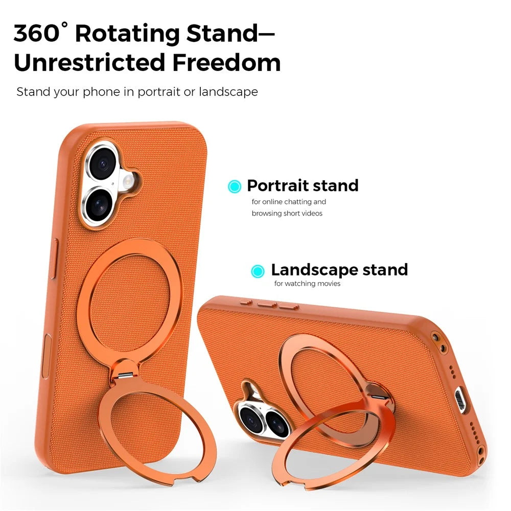 For iPhone 17 Case Magnetic Rotating Kickstand Tech Fabric TPU Protective Cover - Orange - 4