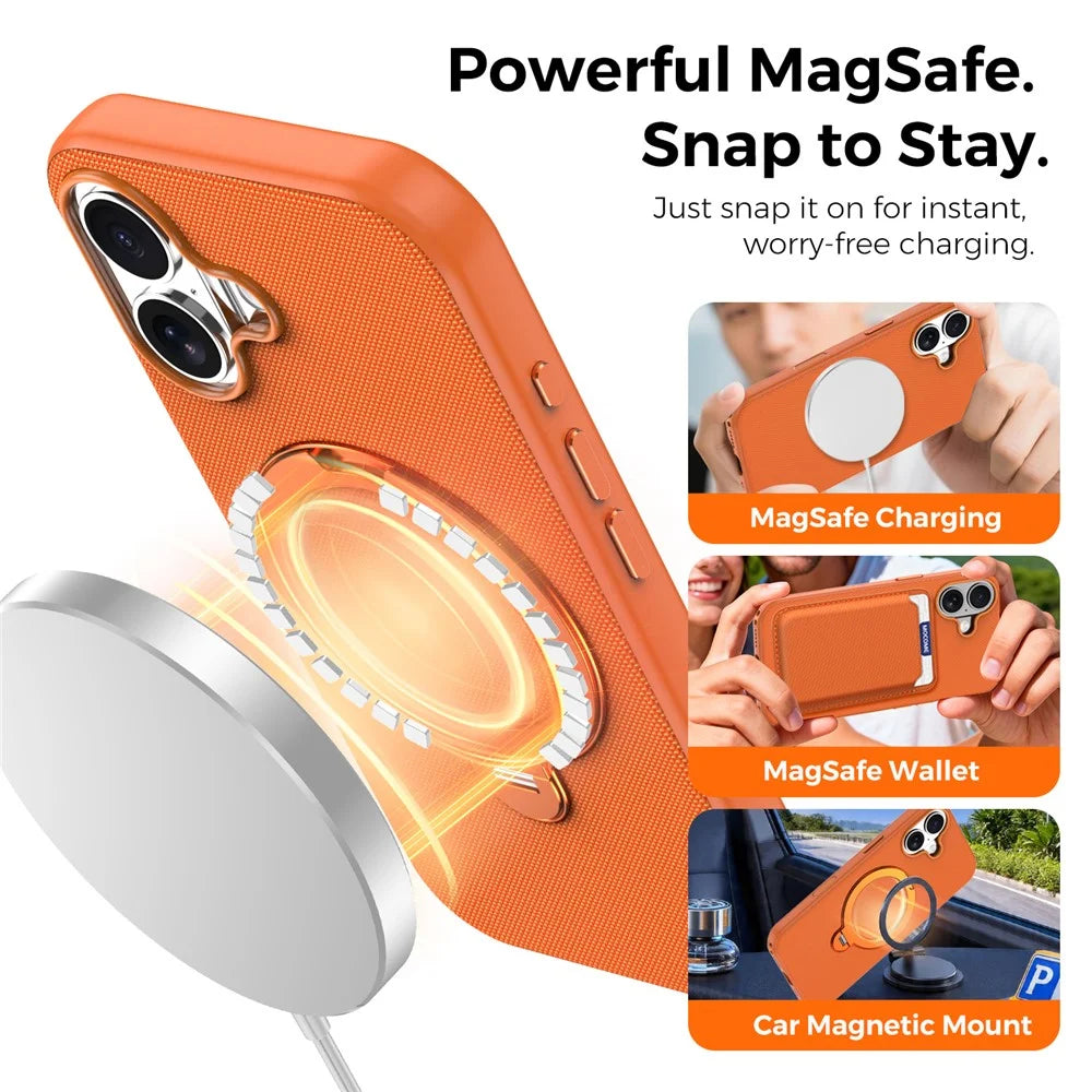 For iPhone 17 Case Magnetic Rotating Kickstand Tech Fabric TPU Protective Cover - Orange - 5