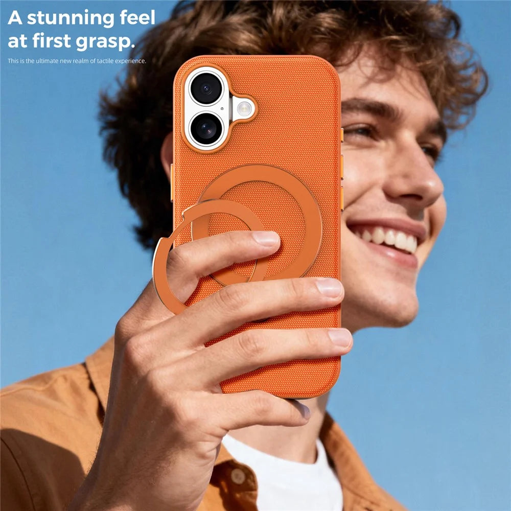 For iPhone 17 Case Magnetic Rotating Kickstand Tech Fabric TPU Protective Cover - Orange - 6