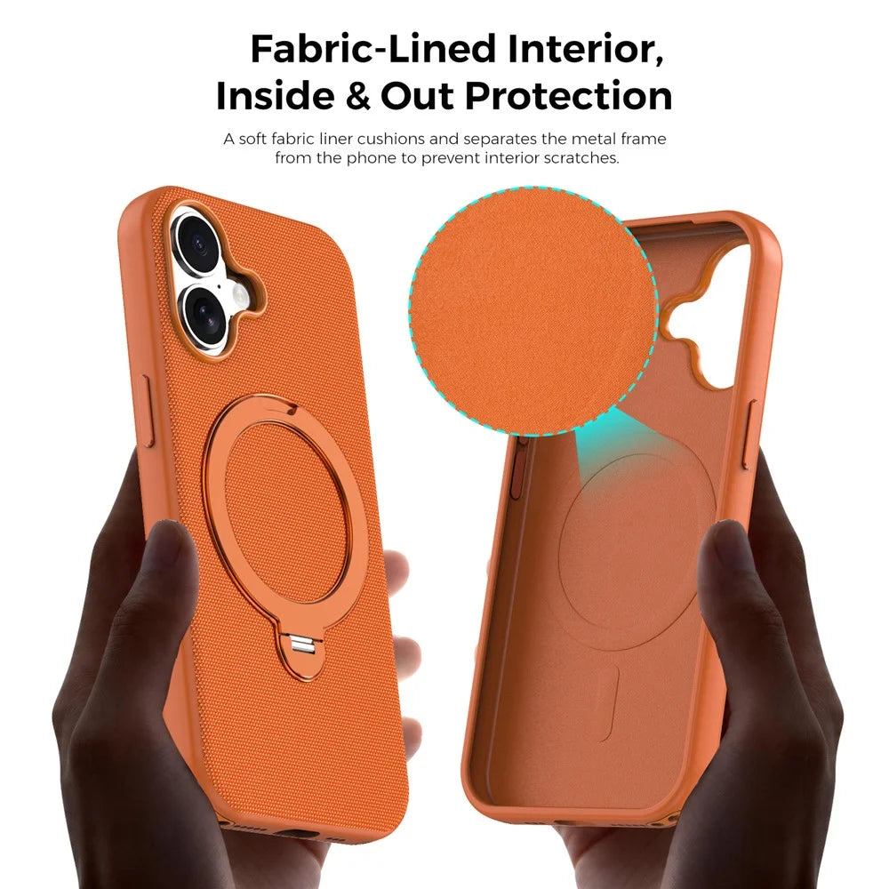 For iPhone 17 Case Magnetic Rotating Kickstand Tech Fabric TPU Protective Cover - Orange - 7