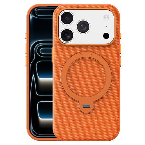 For iPhone 17 Pro Case Magnetic Rotating Kickstand Tech Fabric TPU Protective Cover - Orange - 1