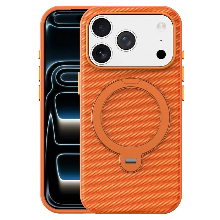 For iPhone 17 Pro Case Magnetic Rotating Kickstand Tech Fabric TPU Protective Cover - Orange - 1