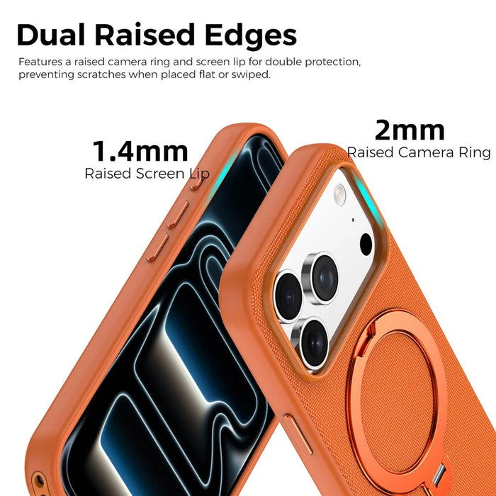 For iPhone 17 Pro Case Magnetic Rotating Kickstand Tech Fabric TPU Protective Cover - Orange - 3