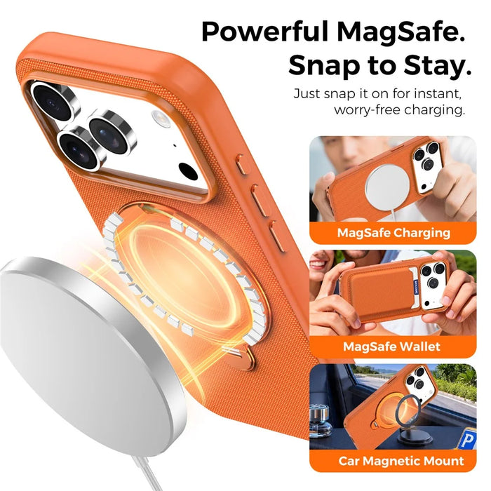 For iPhone 17 Pro Case Magnetic Rotating Kickstand Tech Fabric TPU Protective Cover - Orange - 5