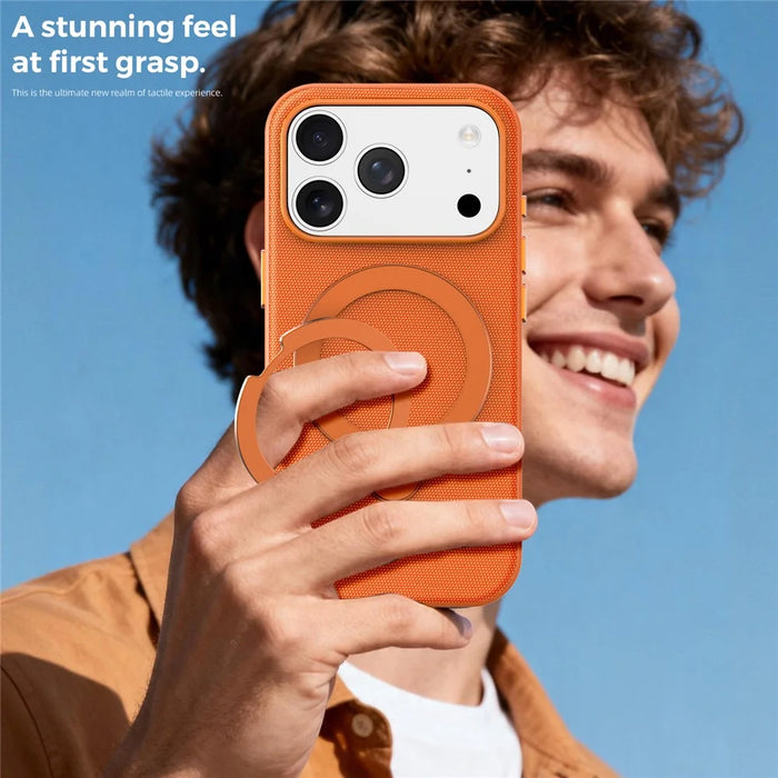 For iPhone 17 Pro Case Magnetic Rotating Kickstand Tech Fabric TPU Protective Cover - Orange - 6