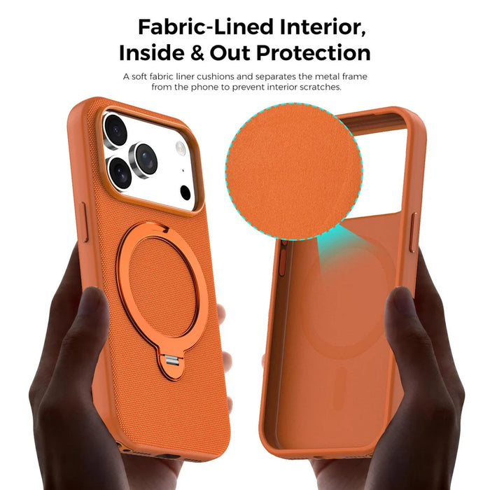 For iPhone 17 Pro Case Magnetic Rotating Kickstand Tech Fabric TPU Protective Cover - Orange - 7