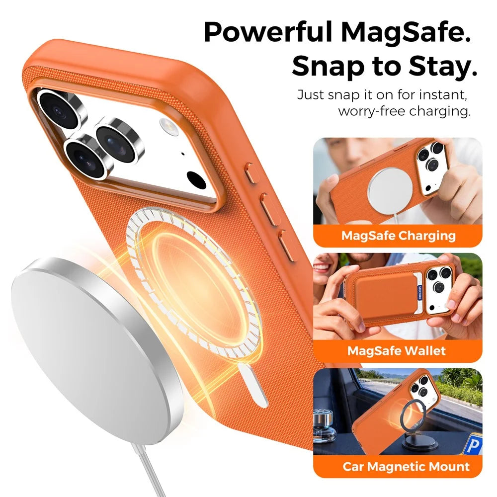 For iPhone 17 Pro Magnetic Case Tech Fabric Coated TPU + PC Anti-Drop Phone Cover - Orange - 6
