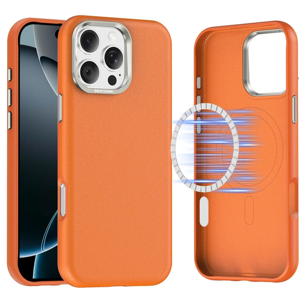 For iPhone 16 Pro Max Magnetic Case Fine Grid Texture Leather Coated TPU PC Phone Cover with Metal Lens Frame - Orange - 1