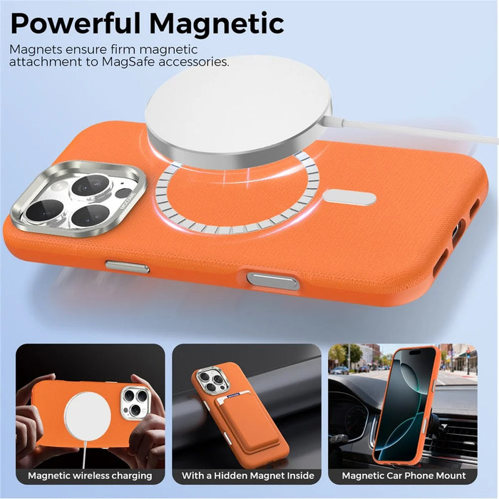 For iPhone 16 Pro Max Magnetic Case Fine Grid Texture Leather Coated TPU PC Phone Cover with Metal Lens Frame - Orange - 3