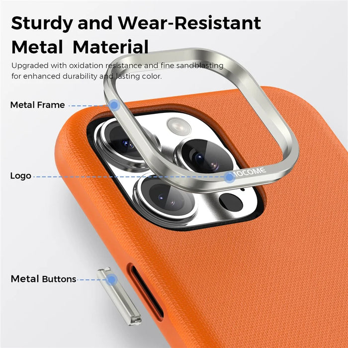 For iPhone 16 Pro Max Magnetic Case Fine Grid Texture Leather Coated TPU PC Phone Cover with Metal Lens Frame - Orange - 5