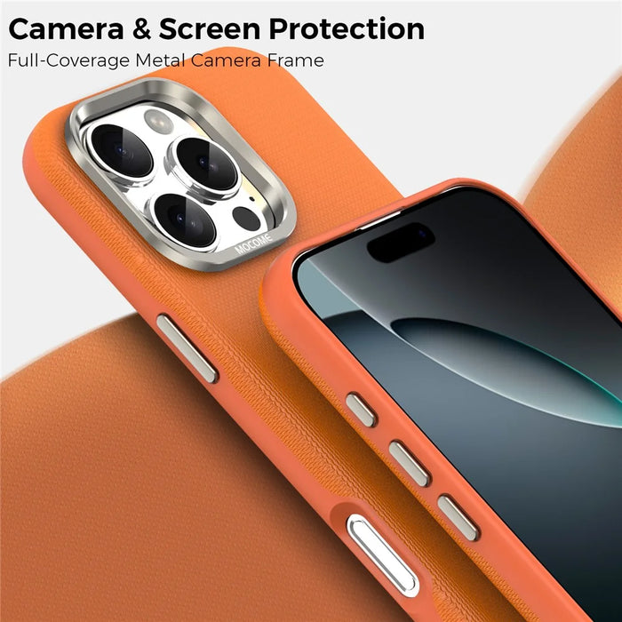 For iPhone 16 Pro Max Magnetic Case Fine Grid Texture Leather Coated TPU PC Phone Cover with Metal Lens Frame - Orange - 6