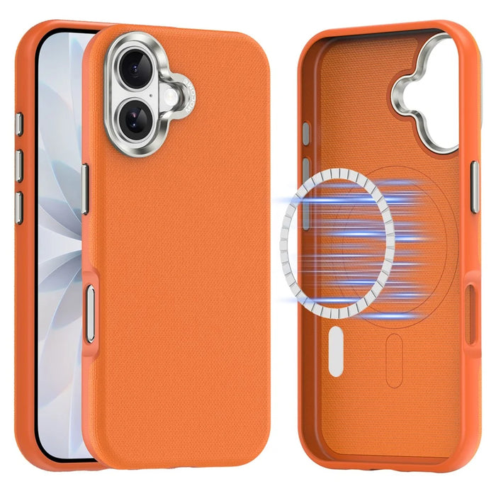 For iPhone 17 Magnetic Case Fine Grid Texture Leather Coated TPU PC Phone Cover with Metal Lens Frame - Orange - 1