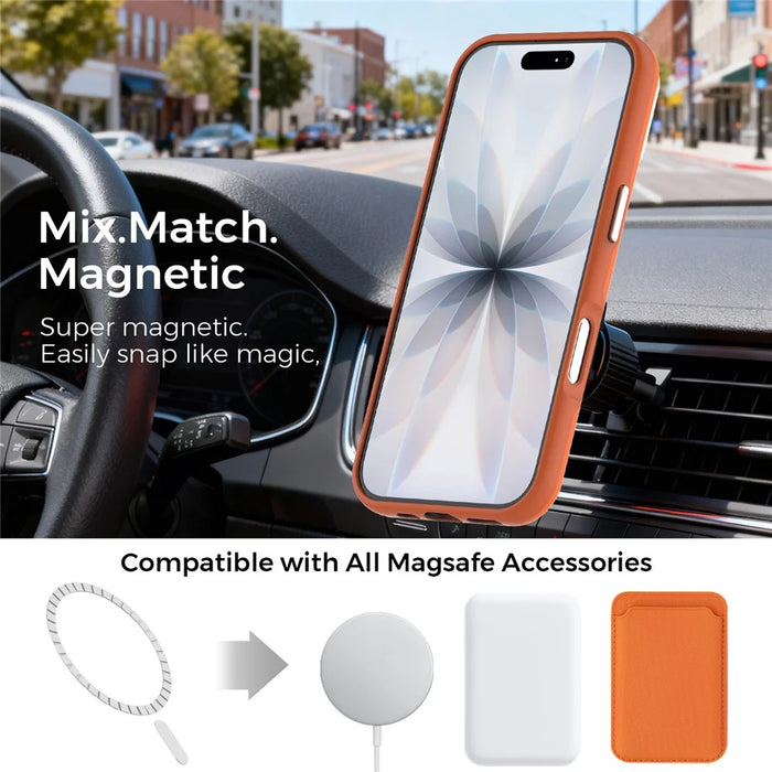 For iPhone 17 Magnetic Case Fine Grid Texture Leather Coated TPU PC Phone Cover with Metal Lens Frame - Orange - 2