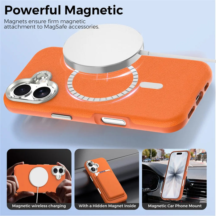 For iPhone 17 Magnetic Case Fine Grid Texture Leather Coated TPU PC Phone Cover with Metal Lens Frame - Orange - 3