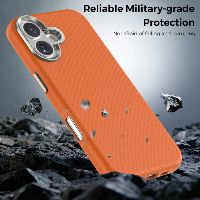 For iPhone 17 Magnetic Case Fine Grid Texture Leather Coated TPU PC Phone Cover with Metal Lens Frame - Orange - 4