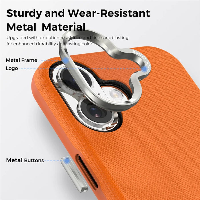 For iPhone 17 Magnetic Case Fine Grid Texture Leather Coated TPU PC Phone Cover with Metal Lens Frame - Orange - 5
