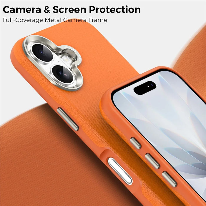 For iPhone 17 Magnetic Case Fine Grid Texture Leather Coated TPU PC Phone Cover with Metal Lens Frame - Orange - 6