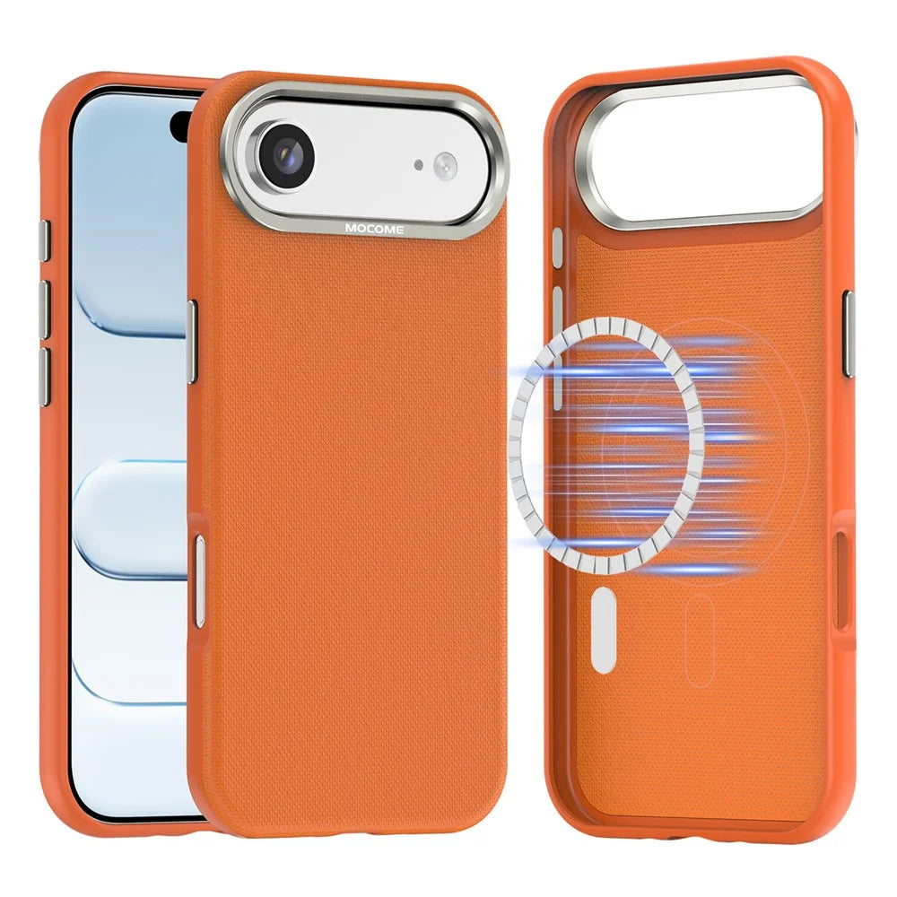 For iPhone Air Magnetic Case Fine Grid Texture Leather Coated TPU PC Phone Cover with Metal Lens Frame - Orange - 1