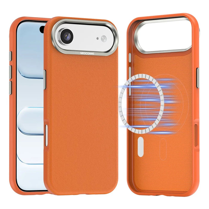 For iPhone Air Magnetic Case Fine Grid Texture Leather Coated TPU PC Phone Cover with Metal Lens Frame - Orange - 1