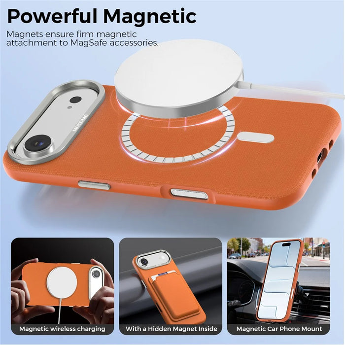 For iPhone Air Magnetic Case Fine Grid Texture Leather Coated TPU PC Phone Cover with Metal Lens Frame - Orange - 3