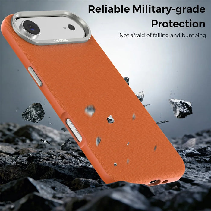 For iPhone Air Magnetic Case Fine Grid Texture Leather Coated TPU PC Phone Cover with Metal Lens Frame - Orange - 4