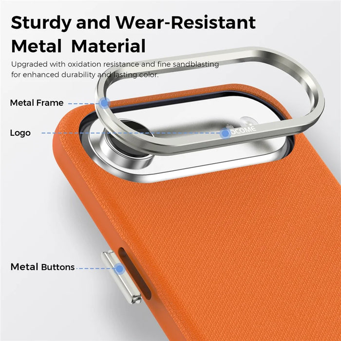 For iPhone Air Magnetic Case Fine Grid Texture Leather Coated TPU PC Phone Cover with Metal Lens Frame - Orange - 5