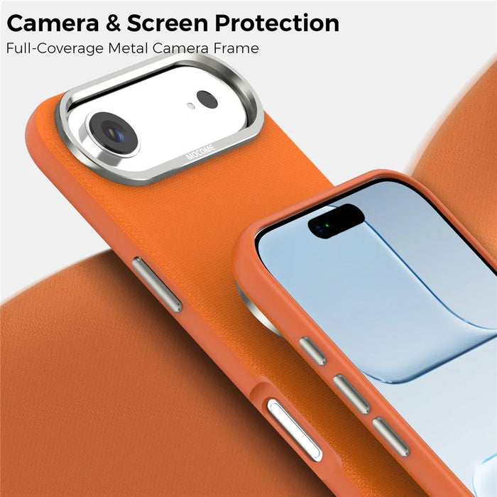For iPhone Air Magnetic Case Fine Grid Texture Leather Coated TPU PC Phone Cover with Metal Lens Frame - Orange - 6