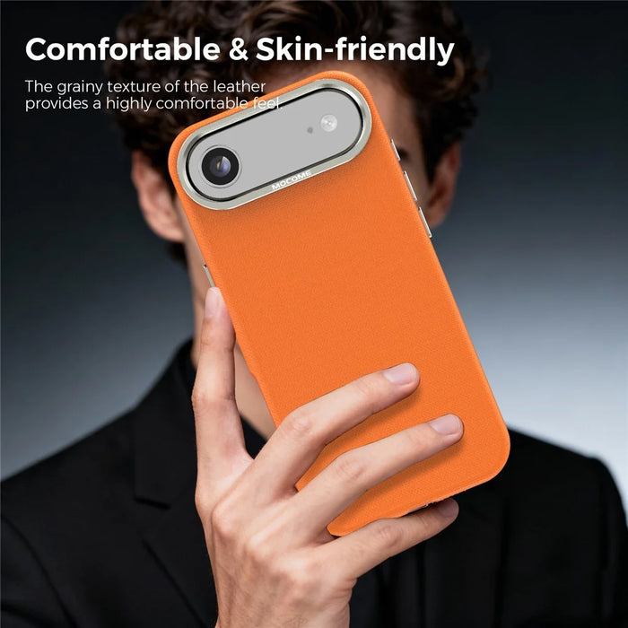 For iPhone Air Magnetic Case Fine Grid Texture Leather Coated TPU PC Phone Cover with Metal Lens Frame - Orange - 7