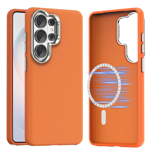 For Samsung Galaxy S26 Ultra Magnetic Case Fine Grid Texture Leather Coated TPU PC Phone Cover with Metal Lens Frame - Orange - 1