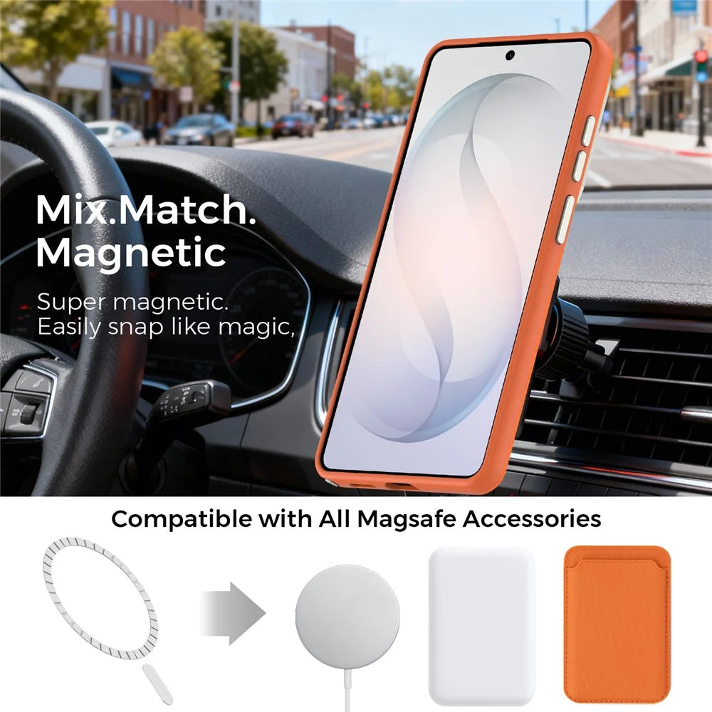 For Samsung Galaxy S26 Ultra Magnetic Case Fine Grid Texture Leather Coated TPU PC Phone Cover with Metal Lens Frame - Orange - 2