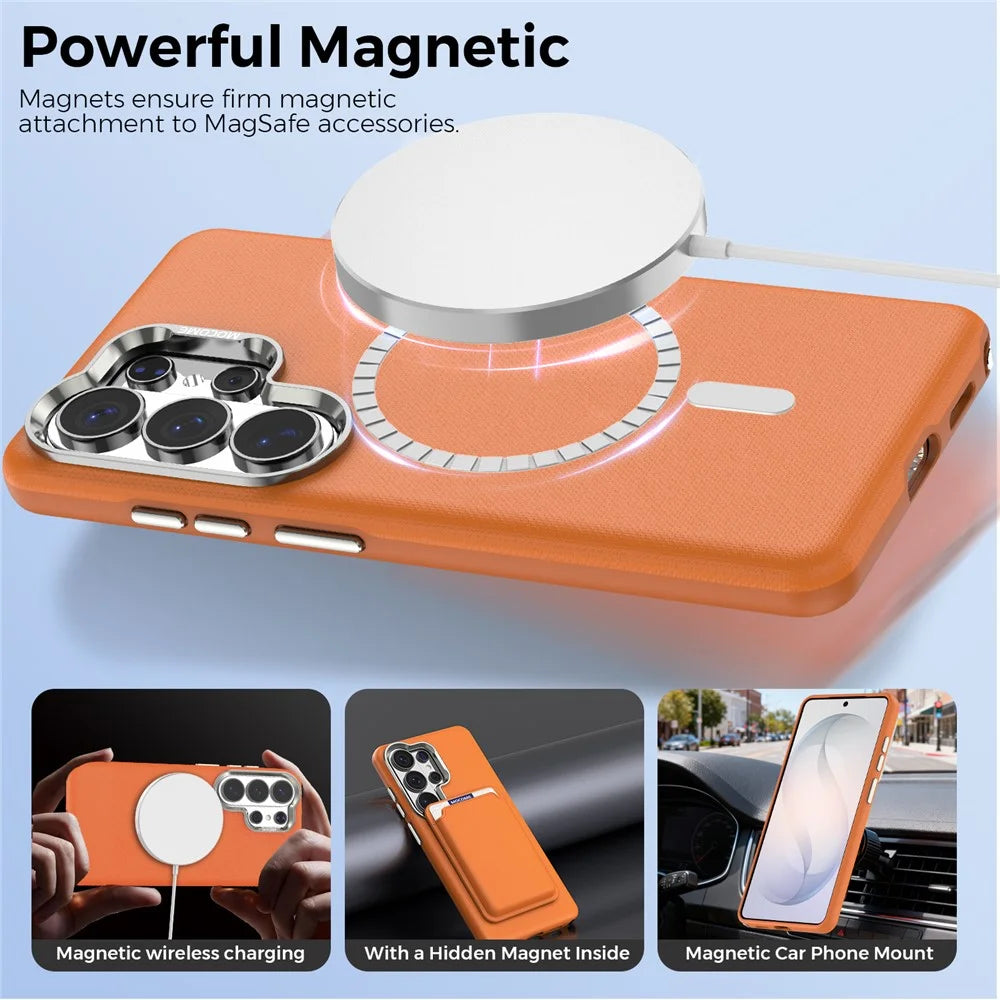 For Samsung Galaxy S26 Ultra Magnetic Case Fine Grid Texture Leather Coated TPU PC Phone Cover with Metal Lens Frame - Orange - 3