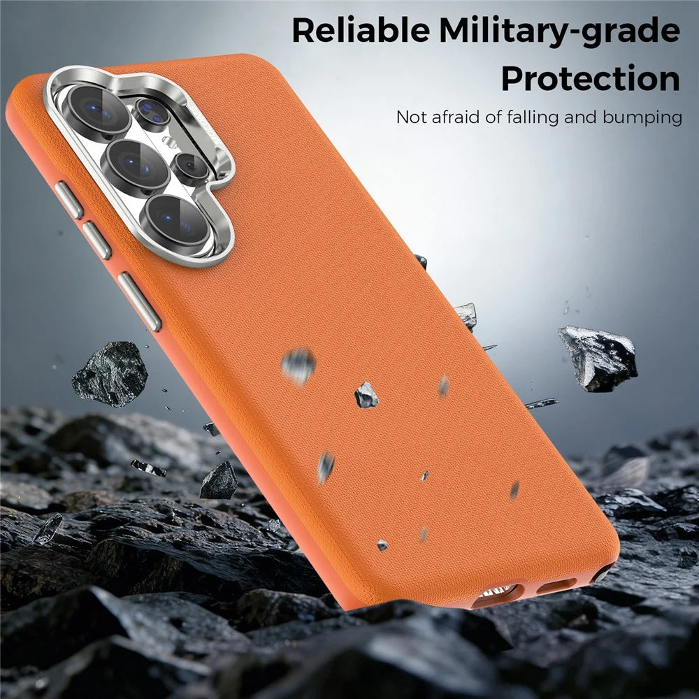 For Samsung Galaxy S26 Ultra Magnetic Case Fine Grid Texture Leather Coated TPU PC Phone Cover with Metal Lens Frame - Orange - 4