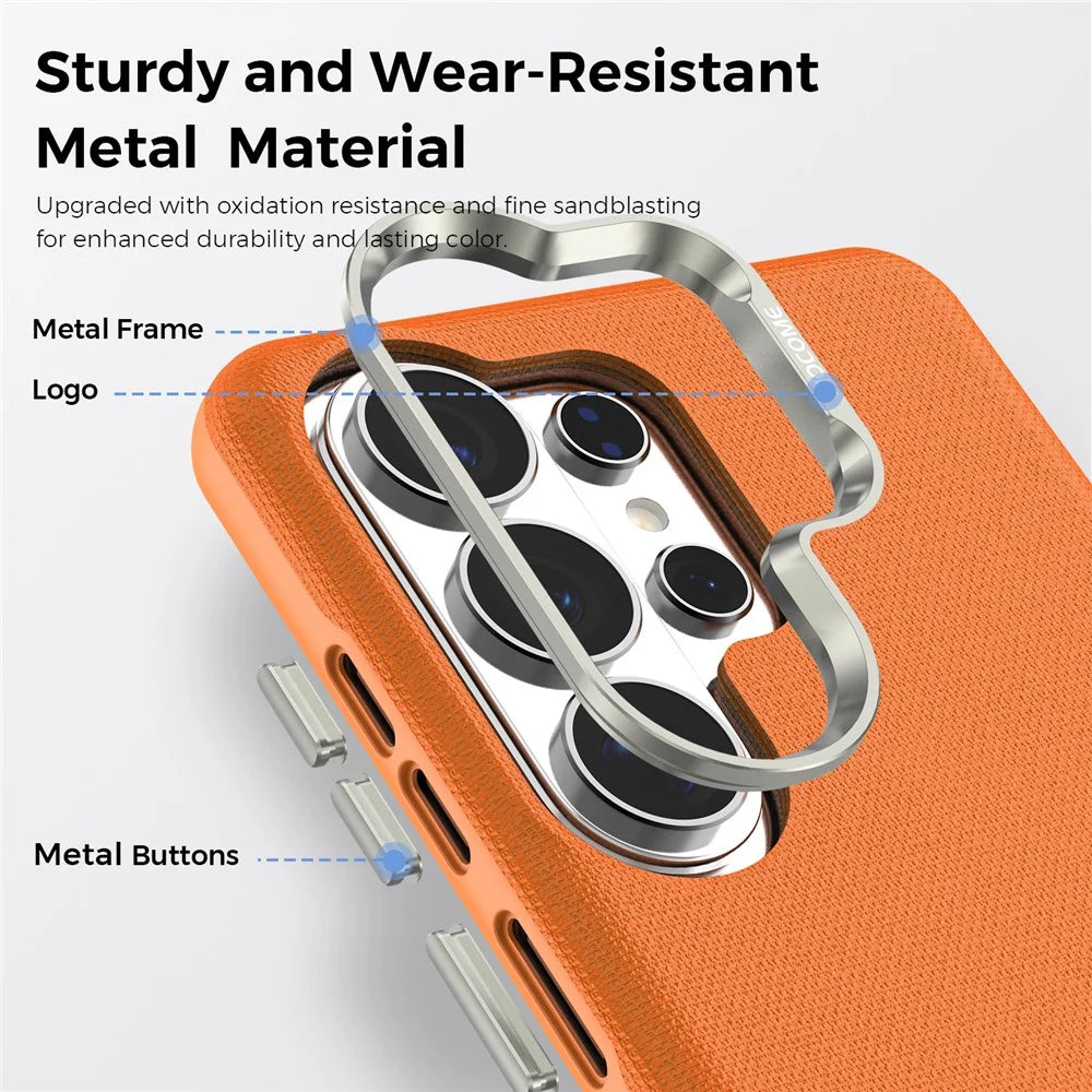 For Samsung Galaxy S26 Ultra Magnetic Case Fine Grid Texture Leather Coated TPU PC Phone Cover with Metal Lens Frame - Orange - 5