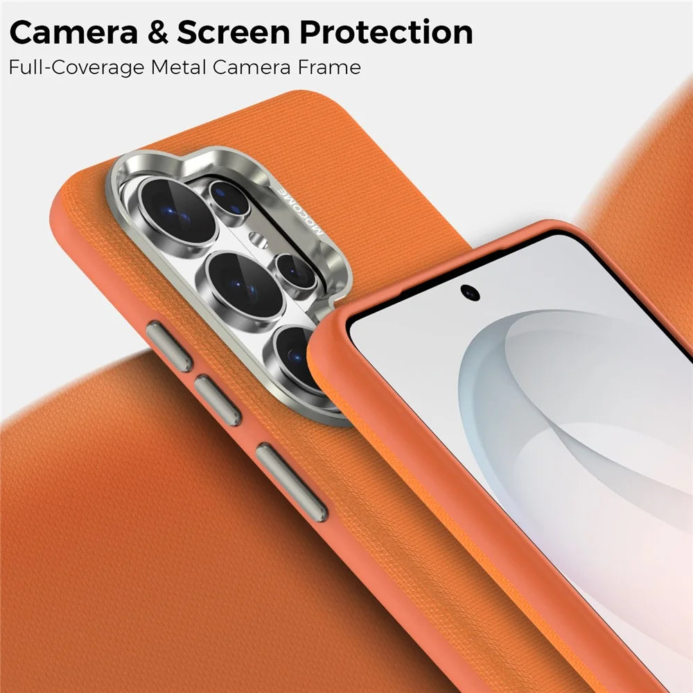 For Samsung Galaxy S26 Ultra Magnetic Case Fine Grid Texture Leather Coated TPU PC Phone Cover with Metal Lens Frame - Orange - 6