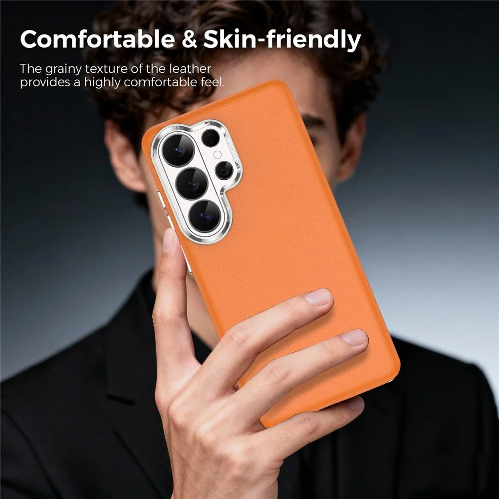 For Samsung Galaxy S26 Ultra Magnetic Case Fine Grid Texture Leather Coated TPU PC Phone Cover with Metal Lens Frame - Orange - 7