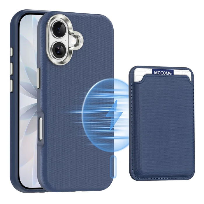 For iPhone 17 Magnetic Case Fine Grid Texture Leather Back Phone Cover with Detachable Card Holder - Sapphire - 1