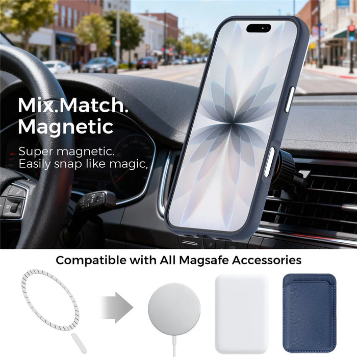 For iPhone 17 Magnetic Case Fine Grid Texture Leather Back Phone Cover with Detachable Card Holder - Sapphire - 2