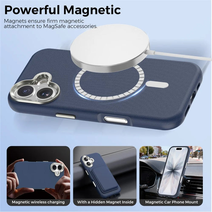 For iPhone 17 Magnetic Case Fine Grid Texture Leather Back Phone Cover with Detachable Card Holder - Sapphire - 3