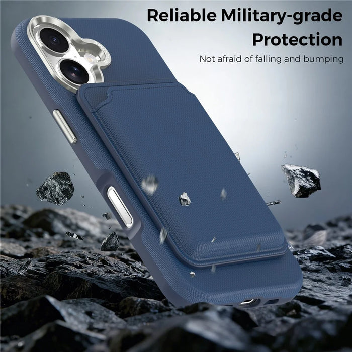For iPhone 17 Magnetic Case Fine Grid Texture Leather Back Phone Cover with Detachable Card Holder - Sapphire - 4
