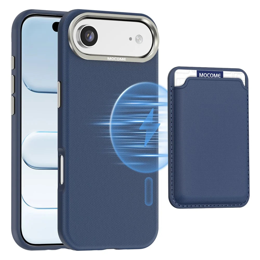 For iPhone Air Magnetic Case Fine Grid Texture Leather Back Phone Cover with Detachable Card Holder - Sapphire - 1