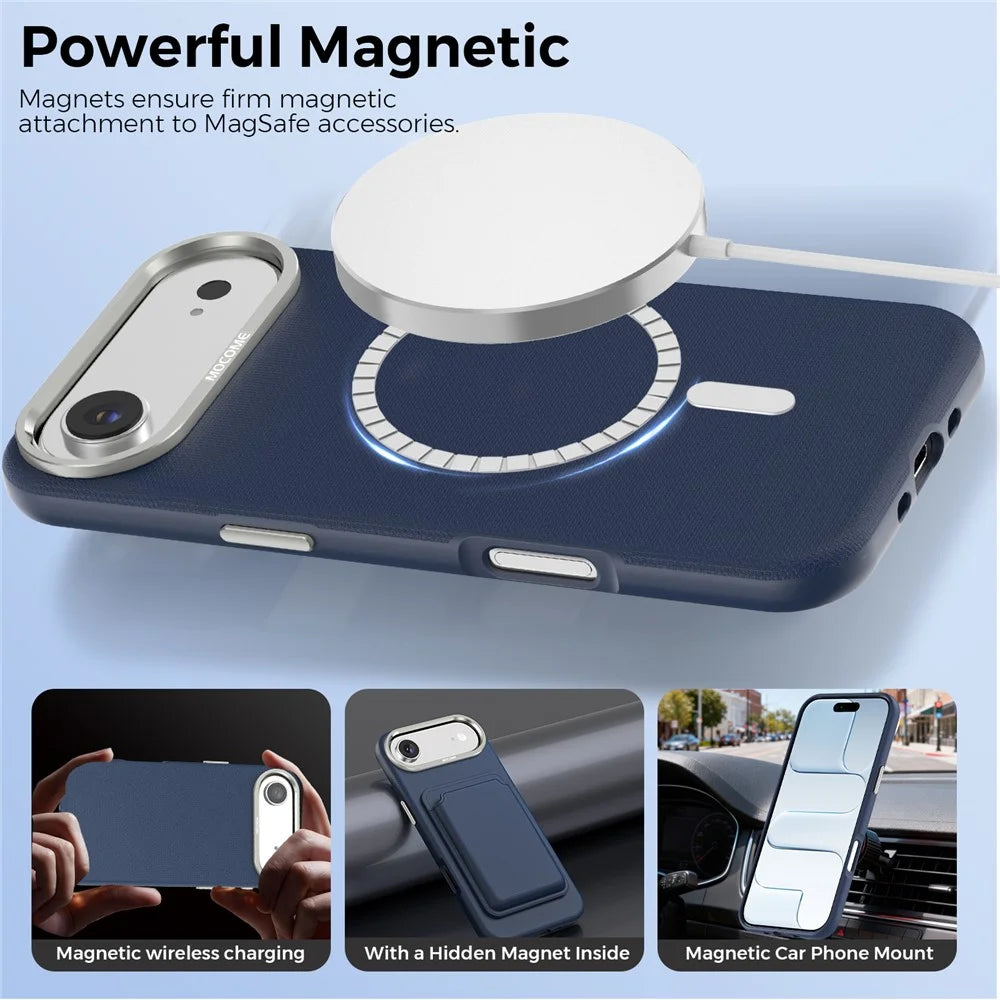 For iPhone Air Magnetic Case Fine Grid Texture Leather Back Phone Cover with Detachable Card Holder - Sapphire - 3