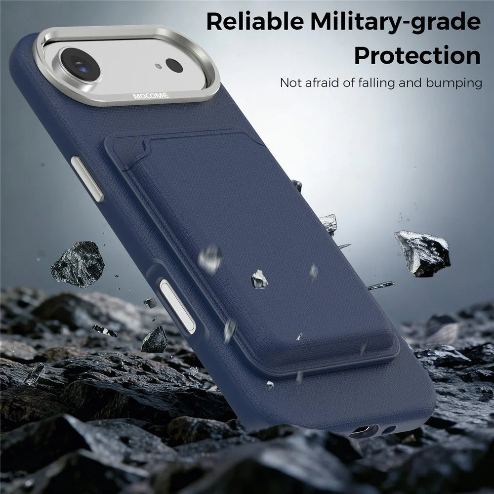 For iPhone Air Magnetic Case Fine Grid Texture Leather Back Phone Cover with Detachable Card Holder - Sapphire - 4