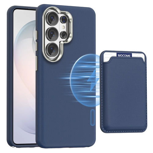 For Samsung Galaxy S26 Ultra Magnetic Case Fine Grid Texture Leather Back Phone Cover with Detachable Card Holder - Sapphire - 1